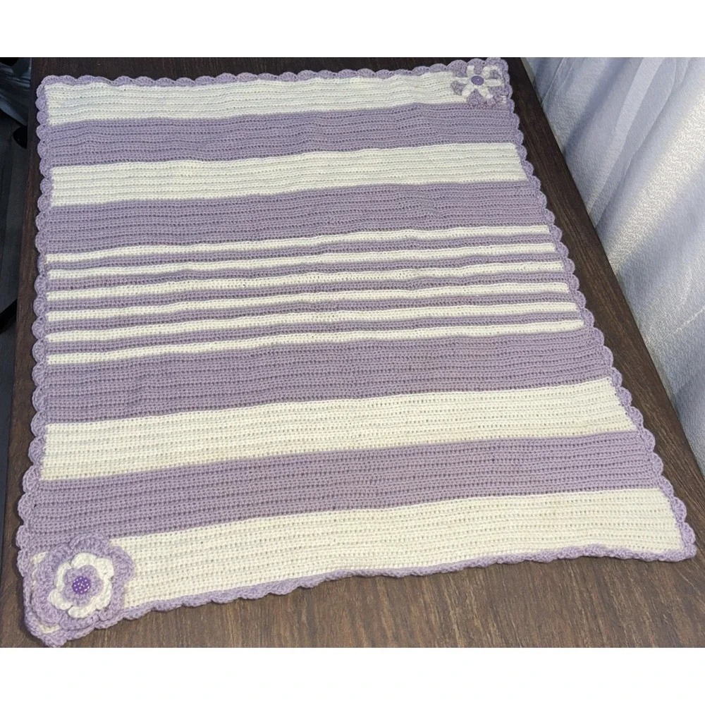 Crocheted Baby Blanket Handmade Lilac/White Stripe Crocheted Flower Accent 29x26